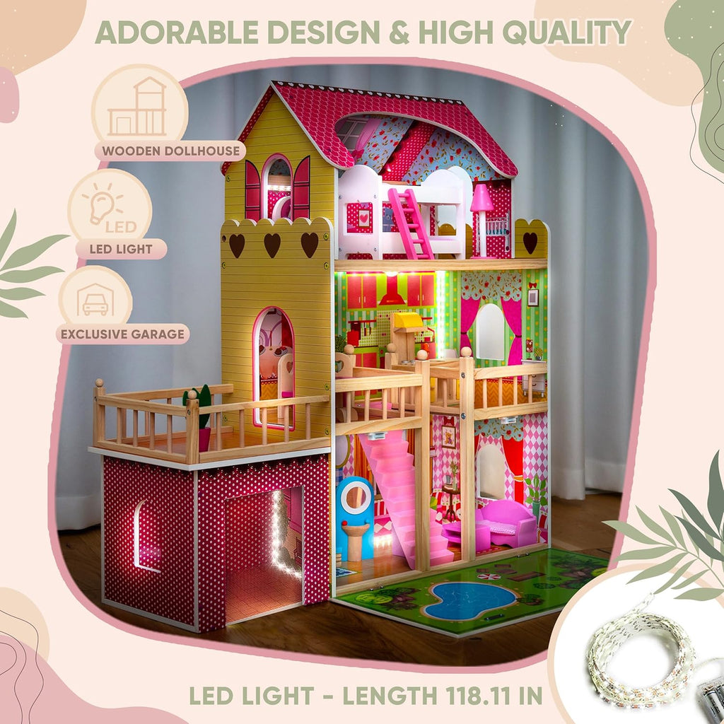 Green Series Kinderplay Maison de Poupée en Bois - Grande Maison de Poupée XXL pour Enfants dès 3 Ans | Maison Bois Idéal pour Filles et Garçons 3 Étages, Lumières LED Accessoires Inclus Maison Poupee