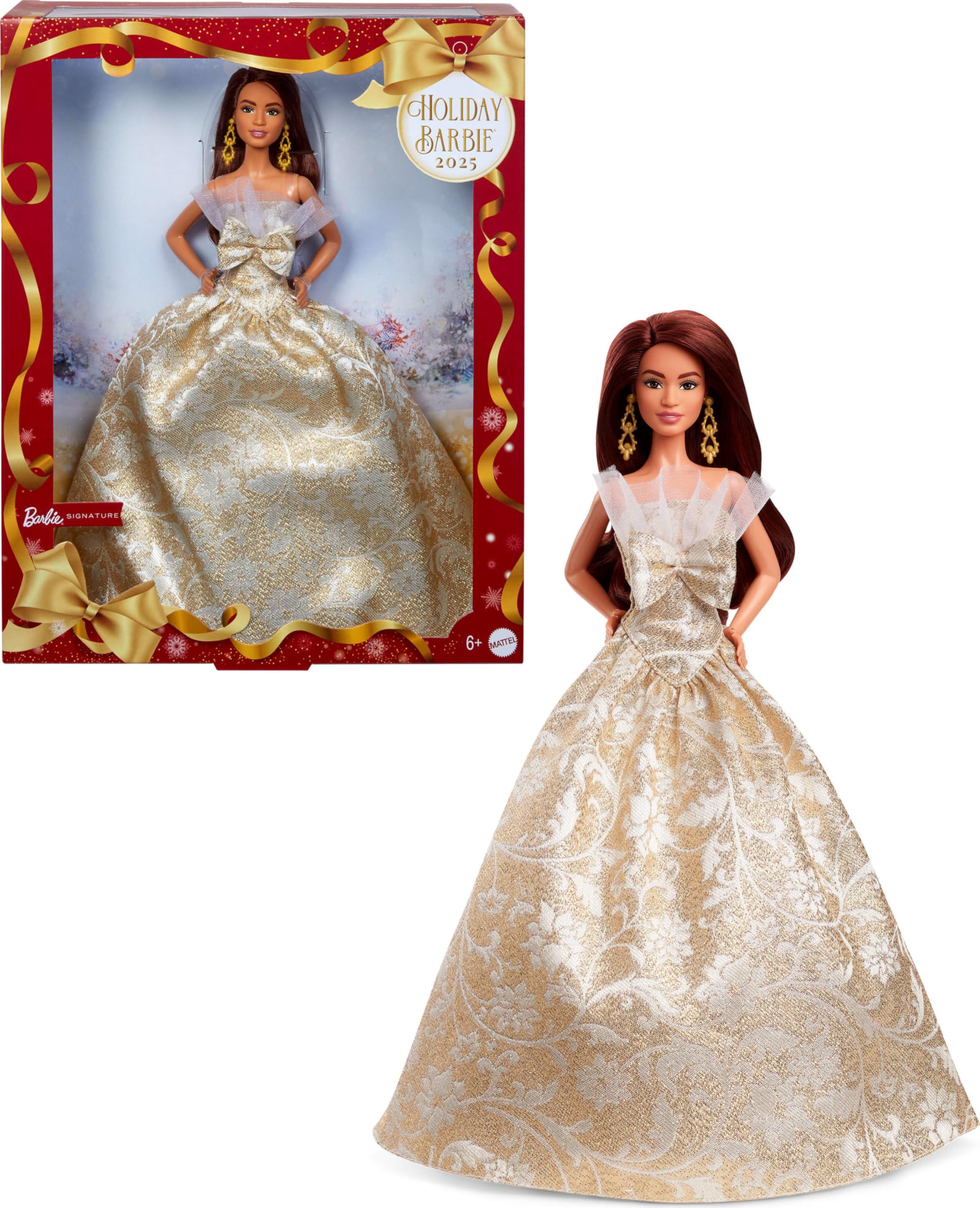 Barbie Poupée Joyeux Noël 2025, poupée Blonde emblématique Portant Une Robe Agent et Or, poupée Collector pour Les fêtes, avec Emballage de présentation et Socle, JBJ00