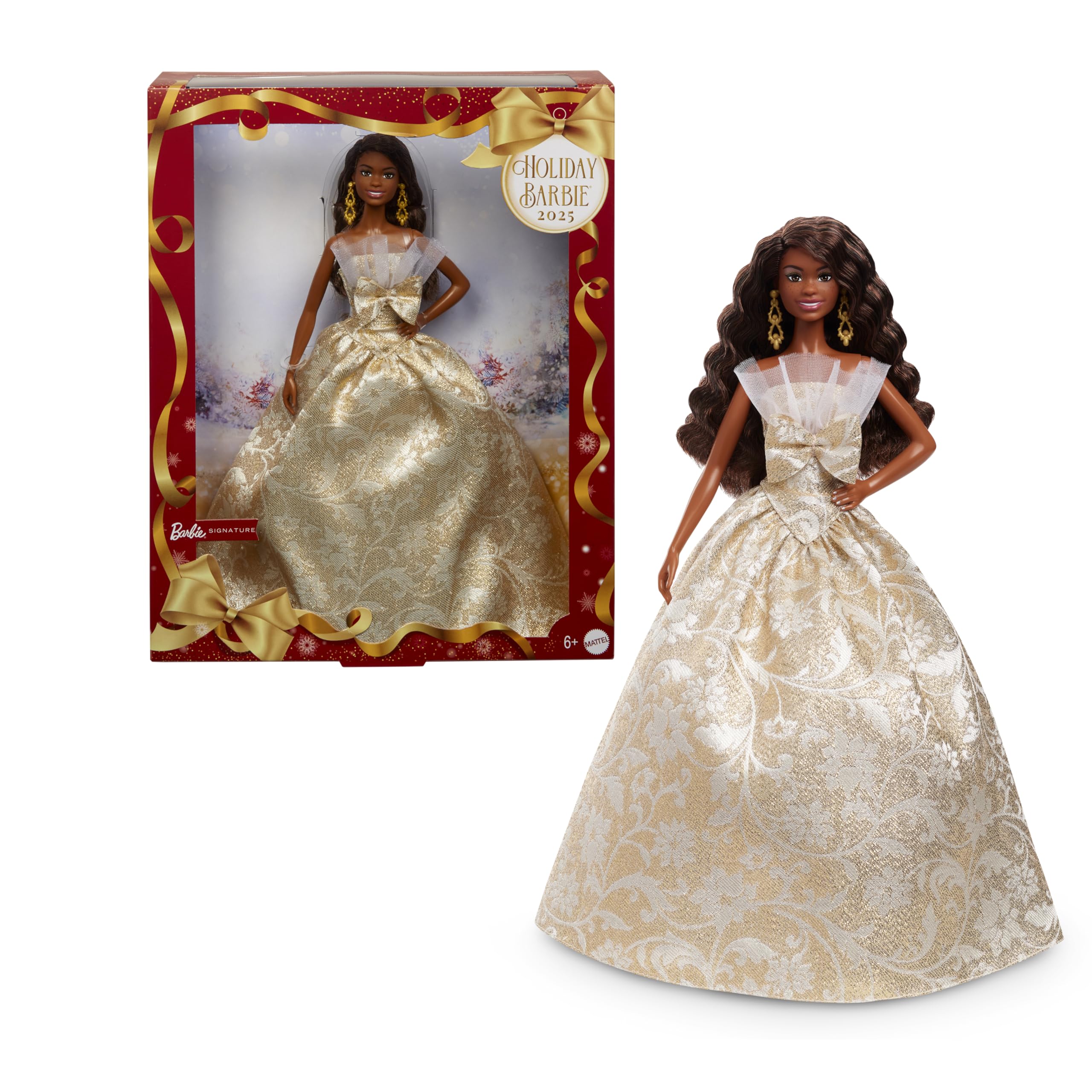 Barbie Poupée Joyeux Noël 2025, poupée Blonde emblématique Portant Une Robe Agent et Or, poupée Collector pour Les fêtes, avec Emballage de présentation et Socle, JBJ00