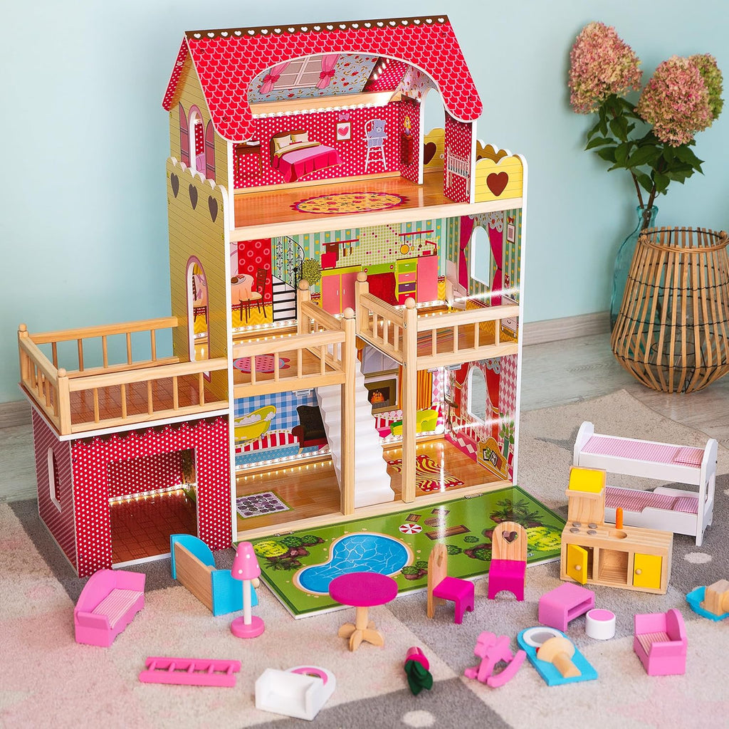 Green Series Kinderplay Maison de Poupée en Bois - Grande Maison de Poupée XXL pour Enfants dès 3 Ans | Maison Bois Idéal pour Filles et Garçons 3 Étages, Lumières LED Accessoires Inclus Maison Poupee