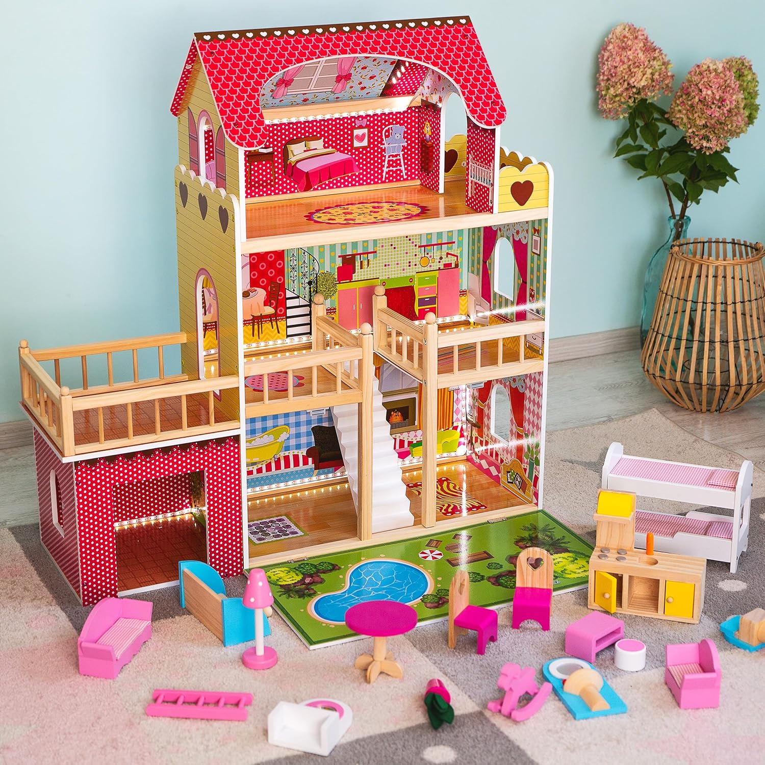 Green Series Kinderplay Maison de Poupée en Bois - Grande Maison de Poupée XXL pour Enfants dès 3 Ans | Maison Bois Idéal pour Filles et Garçons 3 Étages, Lumières LED Accessoires Inclus Maison Poupee