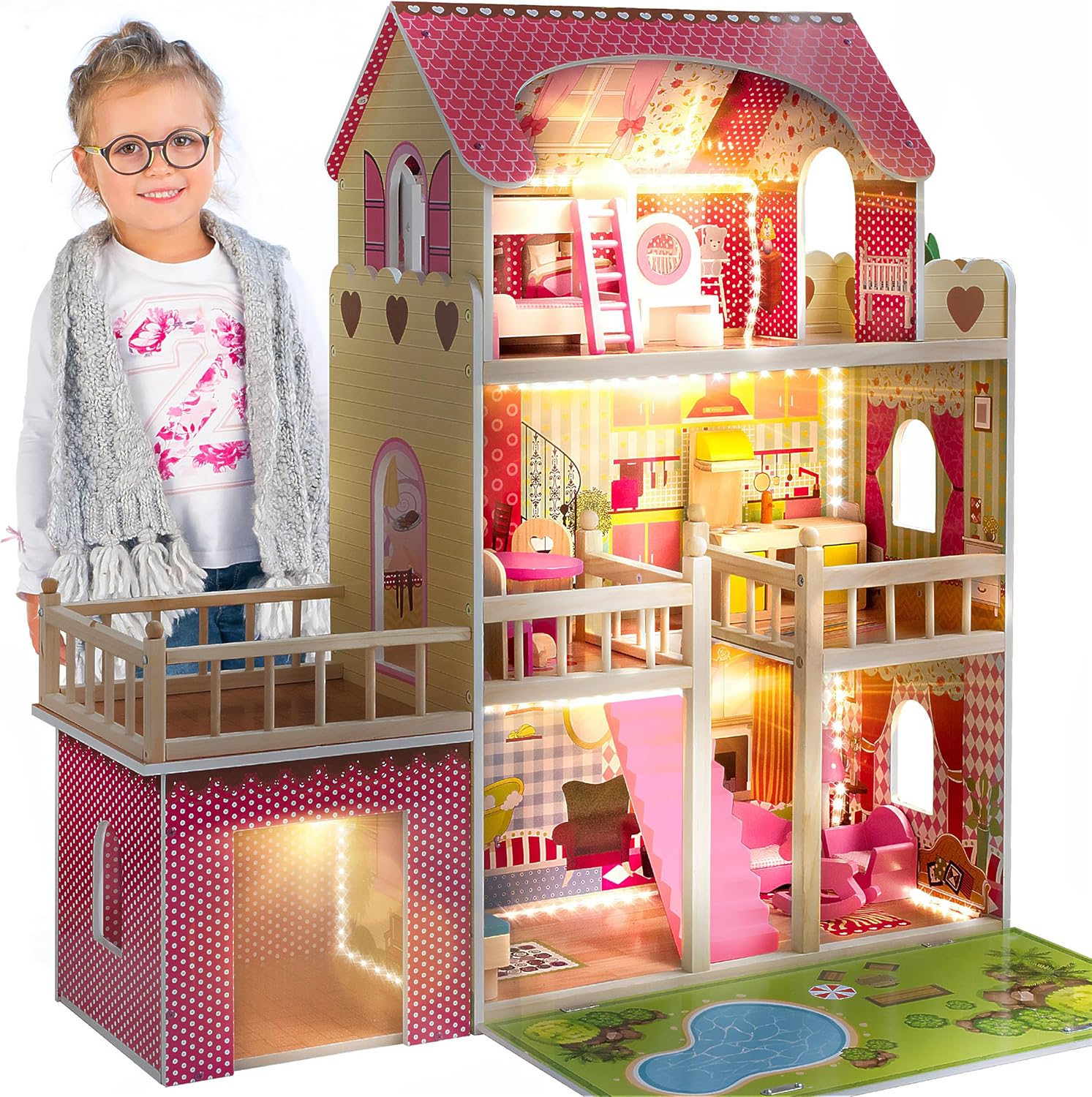 Green Series Kinderplay Maison de Poupée en Bois - Grande Maison de Poupée XXL pour Enfants dès 3 Ans | Maison Bois Idéal pour Filles et Garçons 3 Étages, Lumières LED Accessoires Inclus Maison Poupee